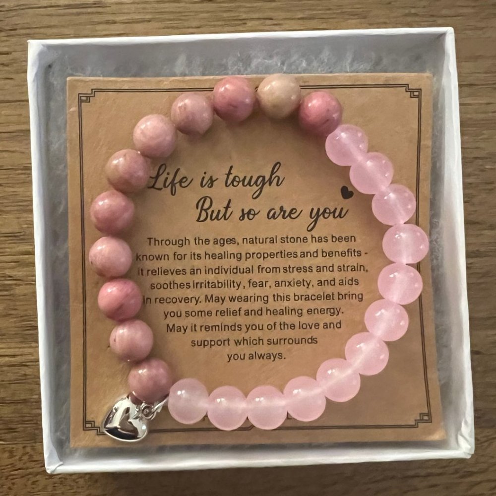 Pink Crystal Bead Stretch Bracelet with Heart Pendant | Inspirational Gift
